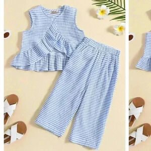 Boutique Girls Blue Striped Ruffle Top with Pants Outfit Set Size 7Y